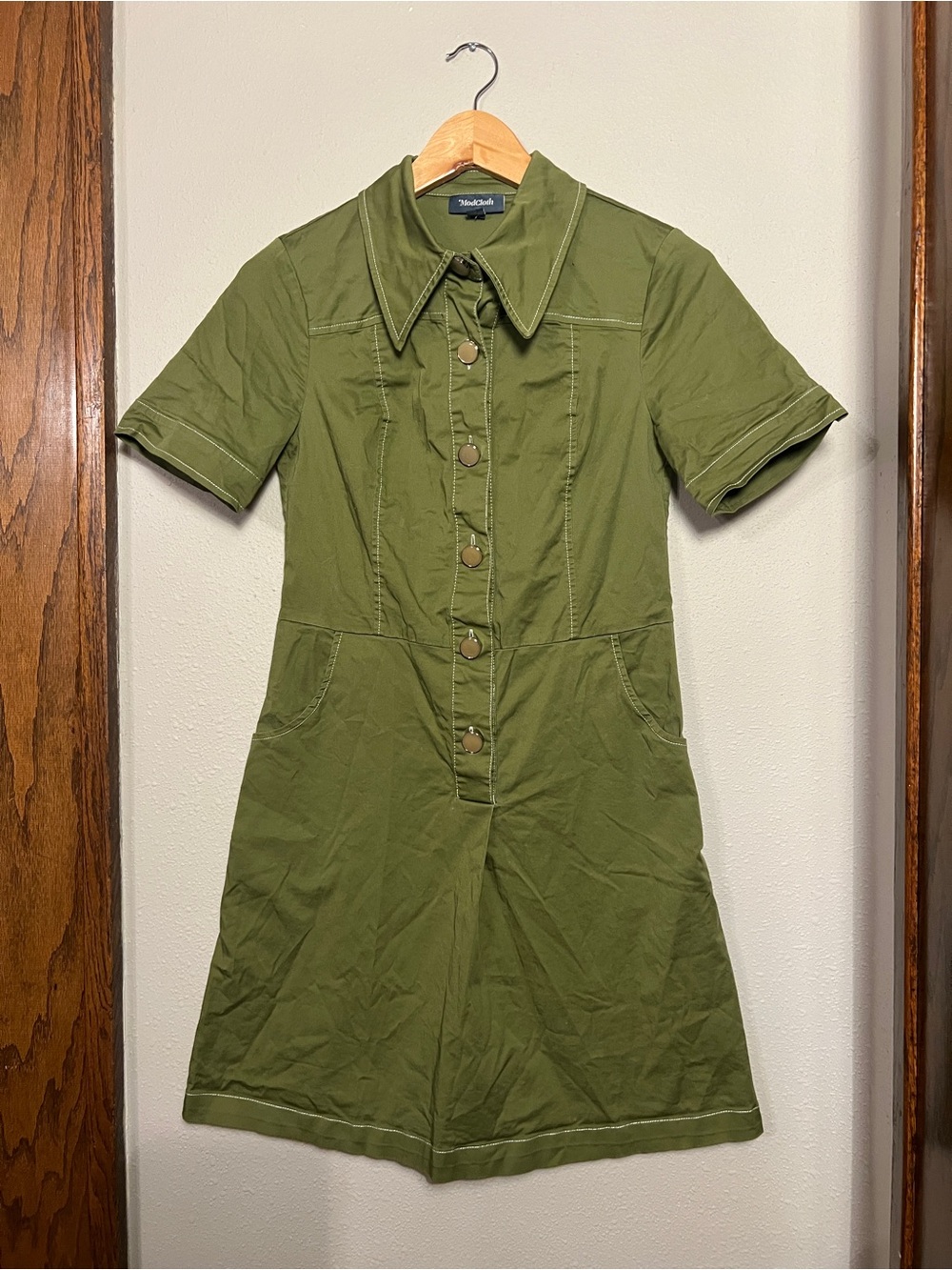 ModCloth Olive Green Short-Sleeve Button Front Mini Dress